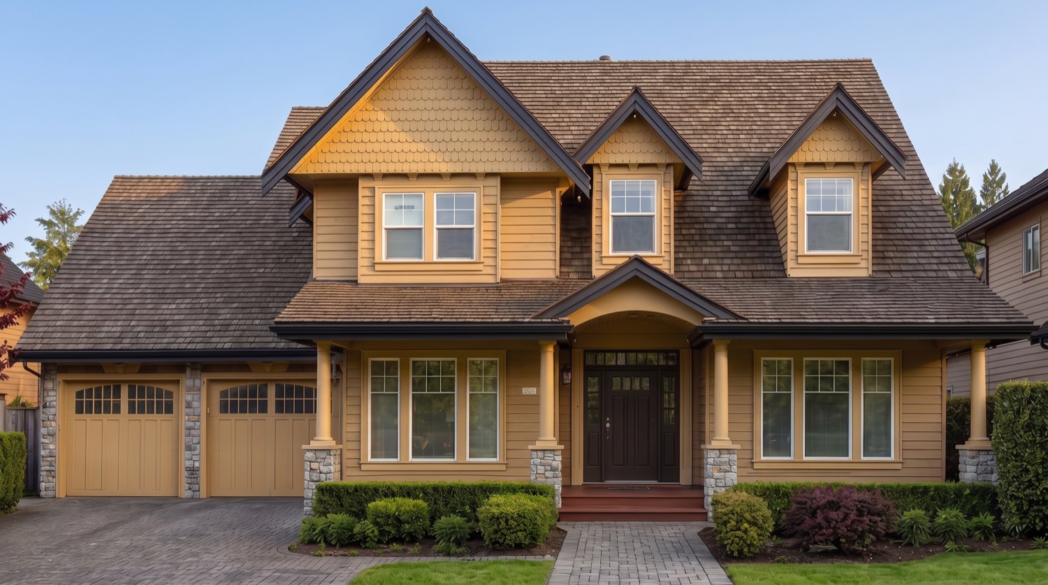 A craftsman-style house after repainting, warm golden siding in evening light