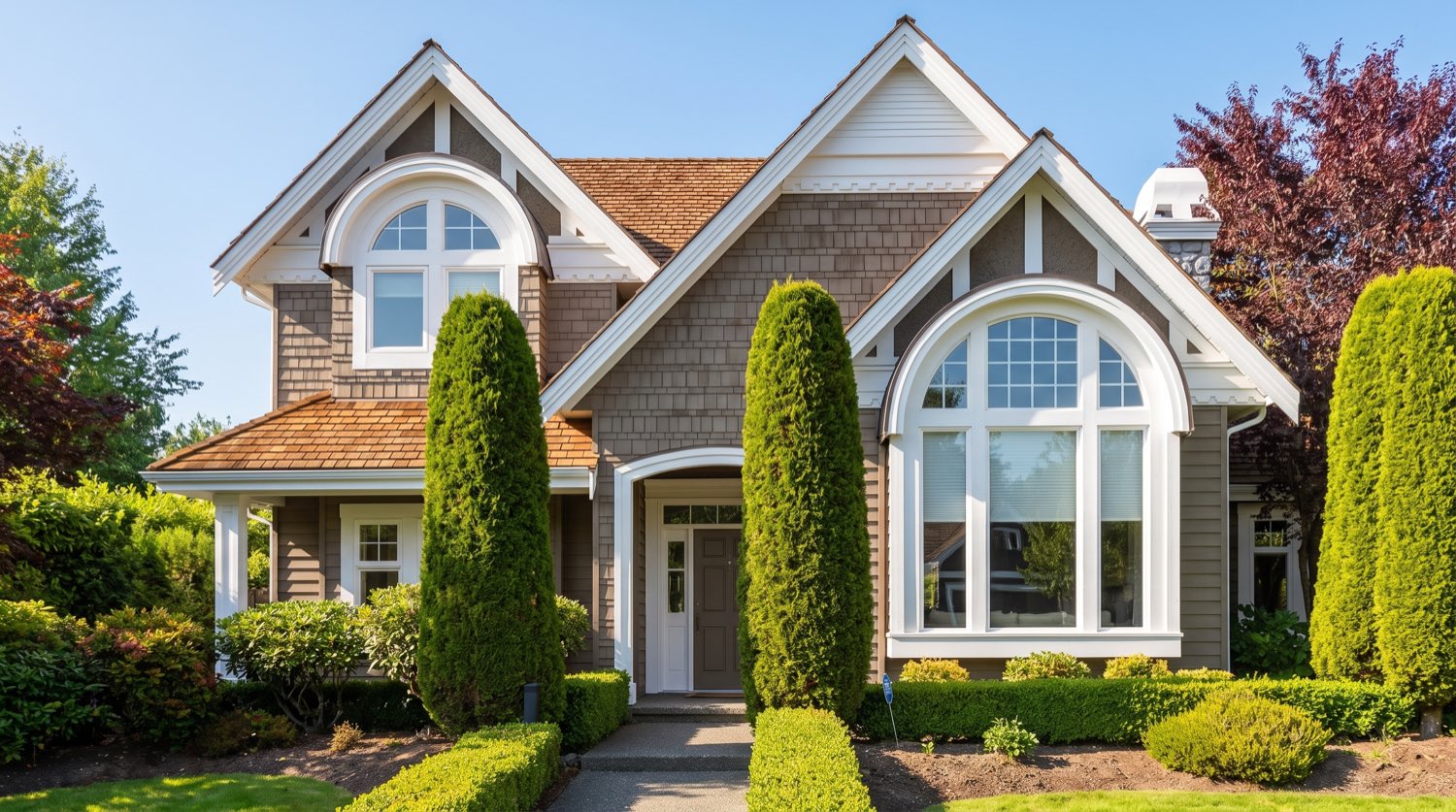 A shingled house with cypress trees after repainting, crisp white trim and fresh siding under a blue sky