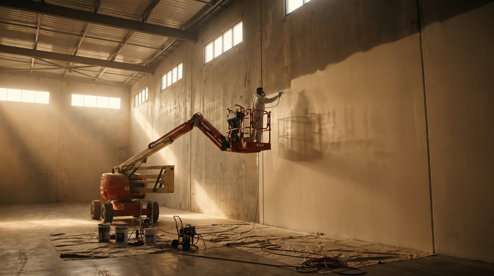 A painter in white coveralls on a red boom lift, spray-painting the upper wall of a large warehouse interior, golden light coming through clerestory windows, drop sheets and an airless sprayer on the floor below